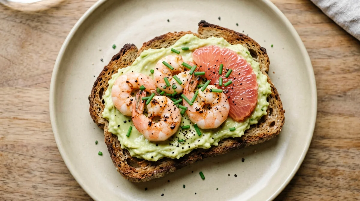 Toast con avocado, pompelmo e gamberi