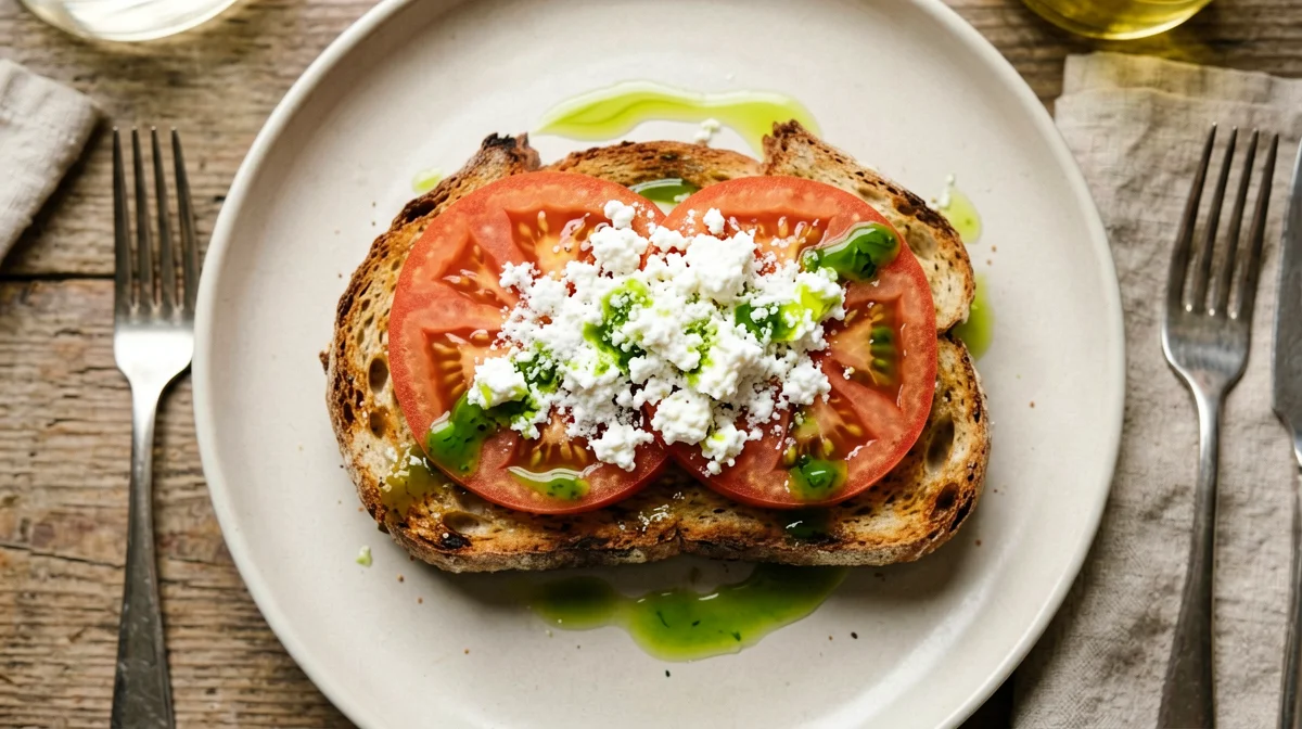 Toast con ricotta salata, pomodoro e olio al basilico