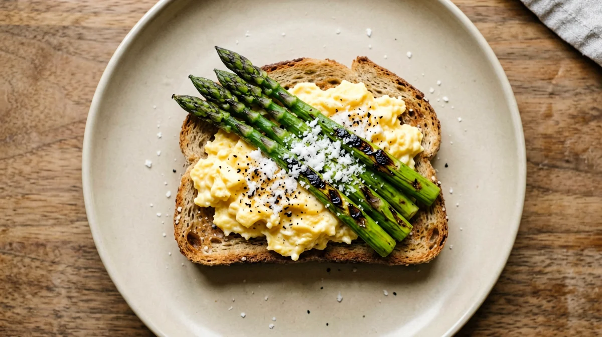Toast con uova strapazzate e asparagi grigliati