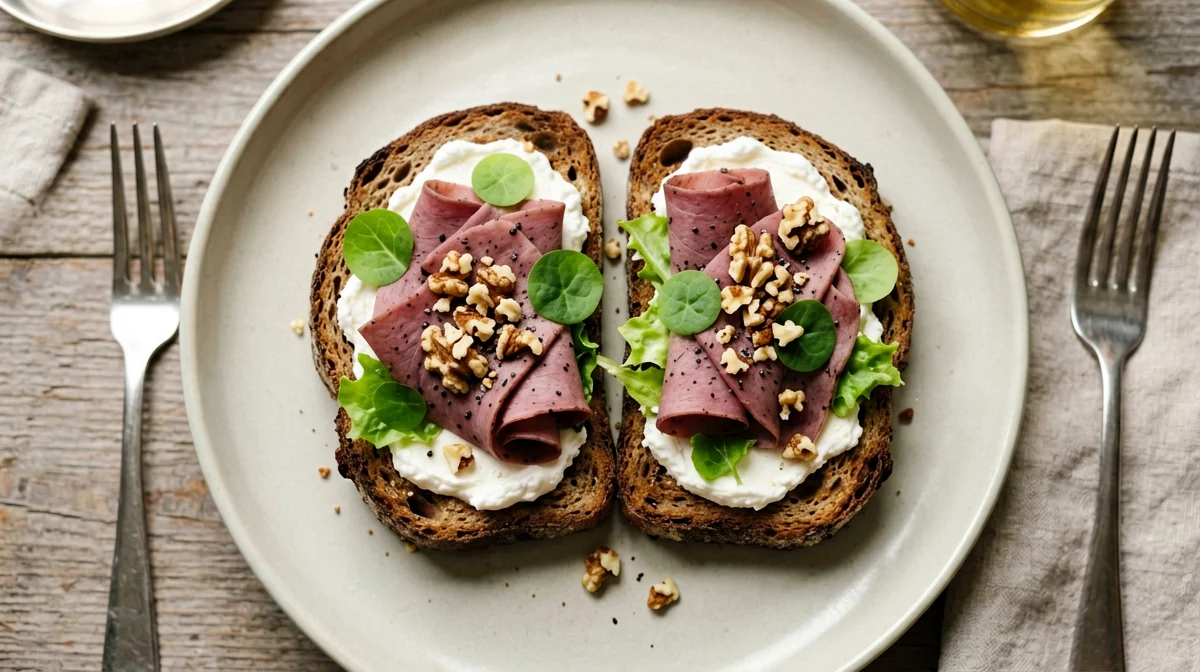 Toast with robiola, speck and walnuts