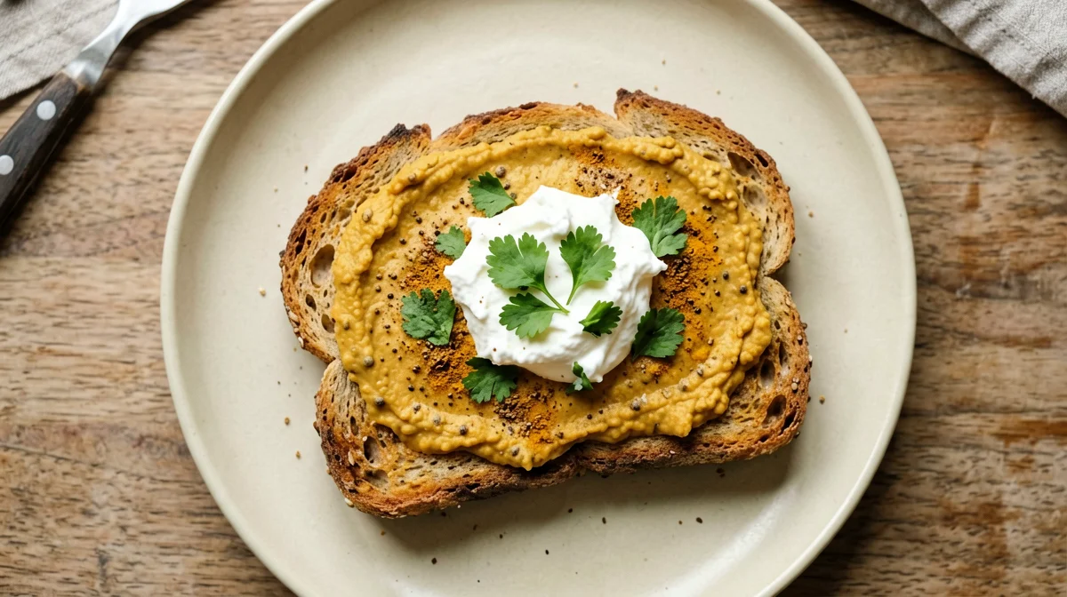 Toast with spiced red lentils and yogurt
