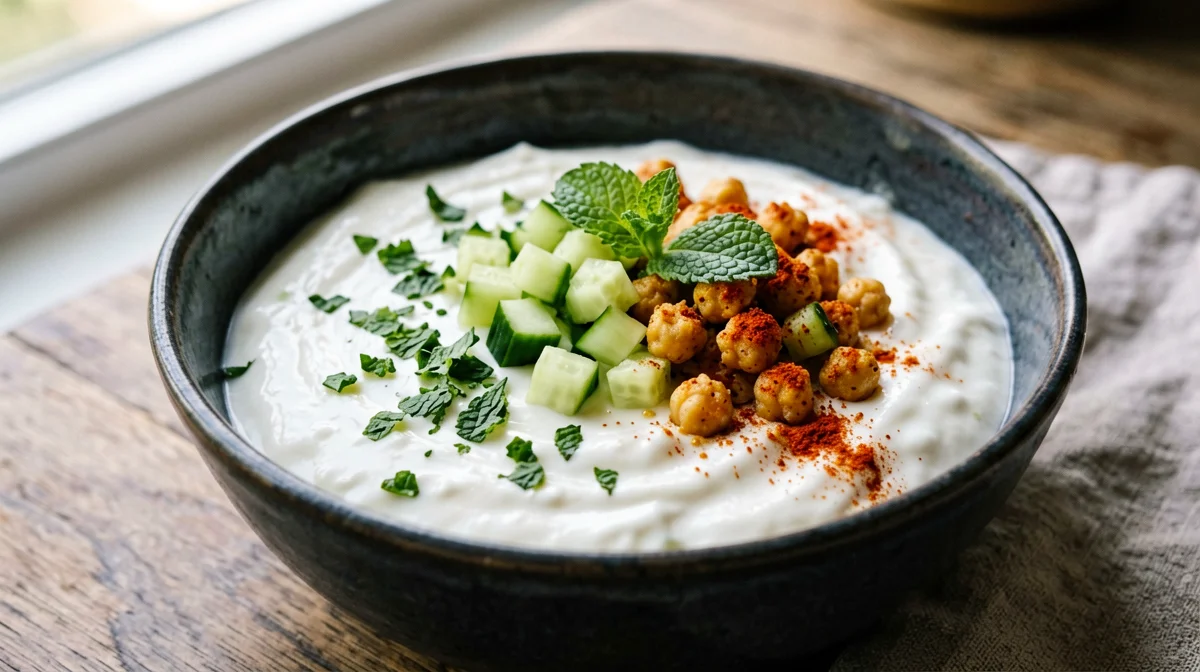 Bowl di yogurt greco salato con cetriolo, menta e ceci croccanti