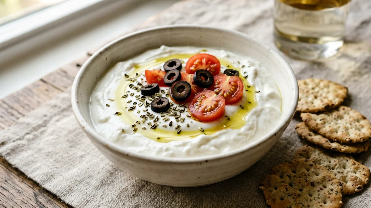 Yogurt greco salato con pomodorini, olive e origano