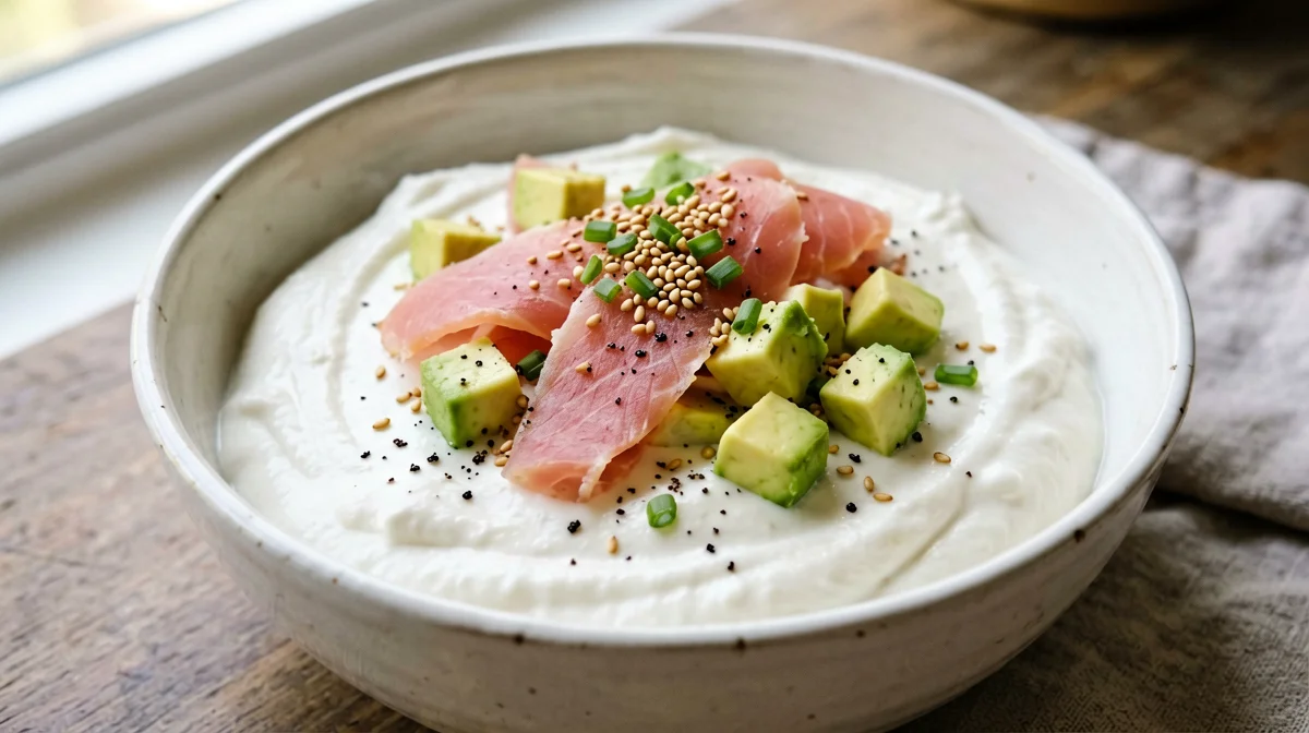 Skyr bowl with salmon, avocado and sesame