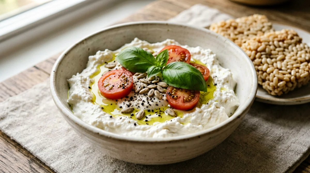 Bowl di fiocchi di latte con pomodorini, basilico e semi di girasole