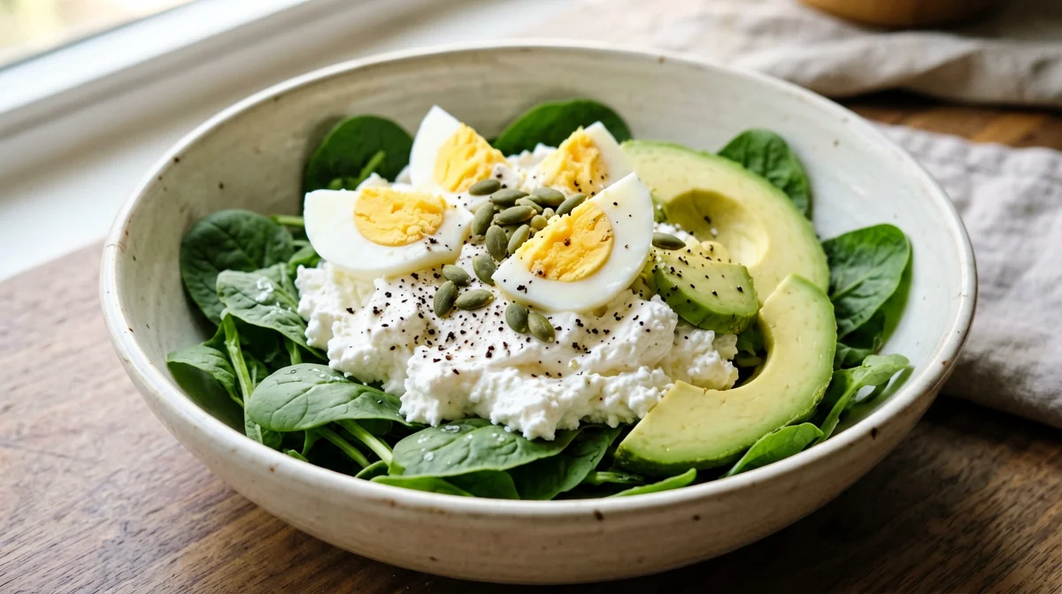 Cottage cheese bowl with avocado, boiled egg and rocket