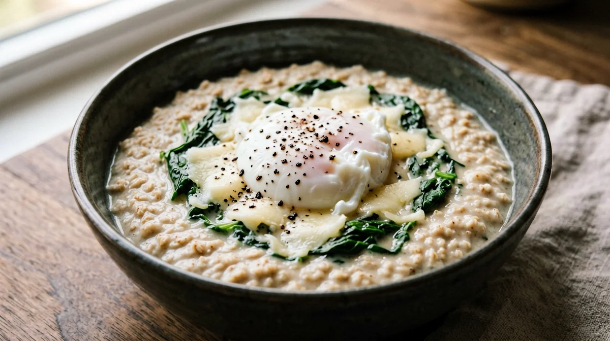 Savoury oat porridge with poached egg and parmesan