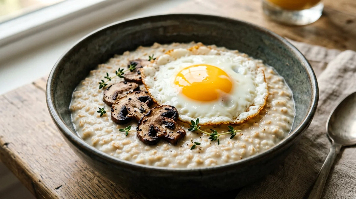 Porridge salato di avena con funghi e timo