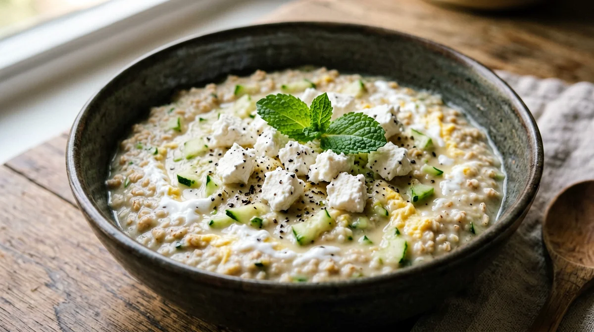 Savoury oats with zucchini, feta and mint