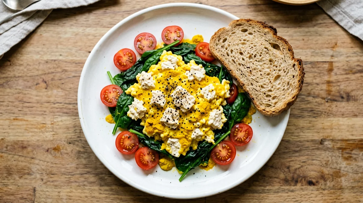 Tofu scramble with spinach and cherry tomatoes