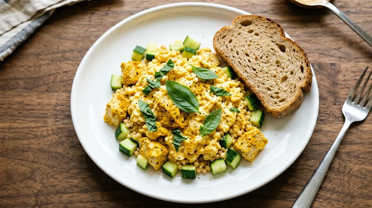 Tofu strapazzato con zucchine, basilico e farina di ceci