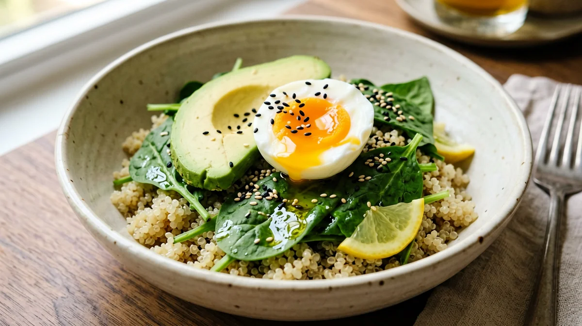 Savoury quinoa bowl with egg, spinach and avocado