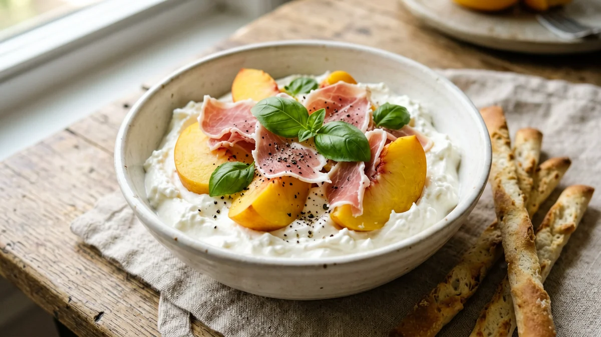 Bowl di fiocchi di latte con pesche, prosciutto e basilico