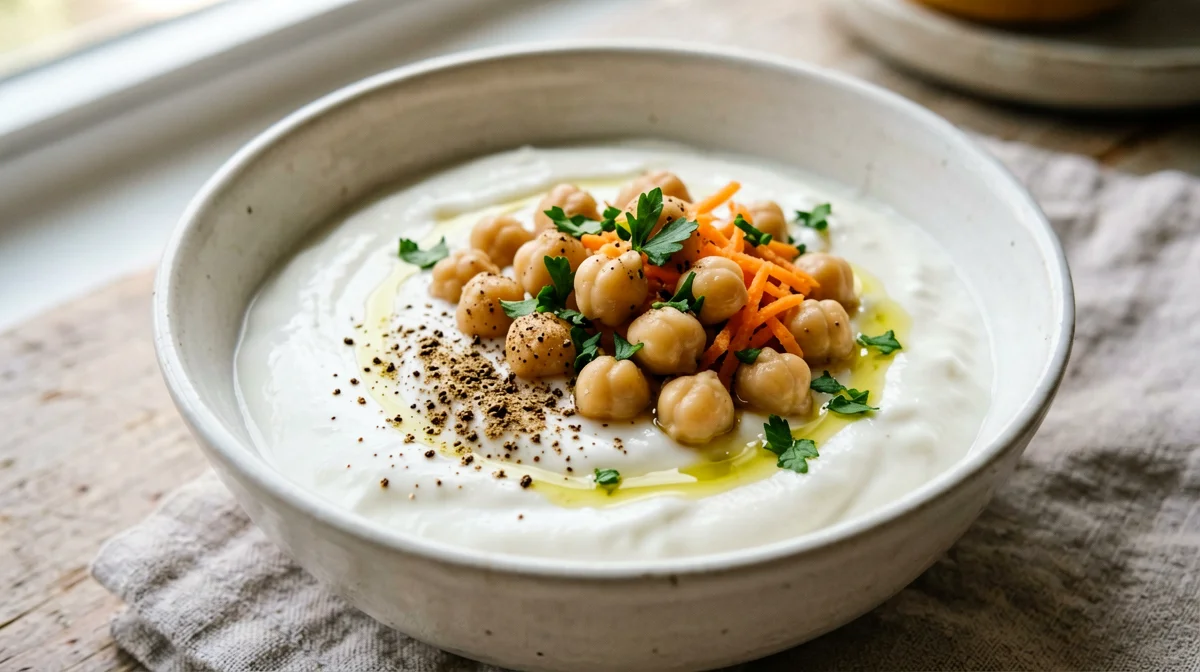 Savoury soy yogurt bowl with chickpeas, carrot and cumin