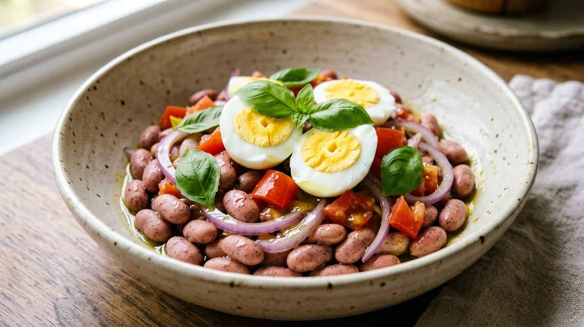 Protein bowl with boiled eggs, beans and tomatoes