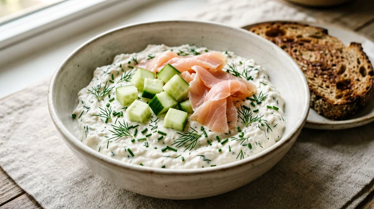 Bowl di quark con erbe, cetriolo e salmone