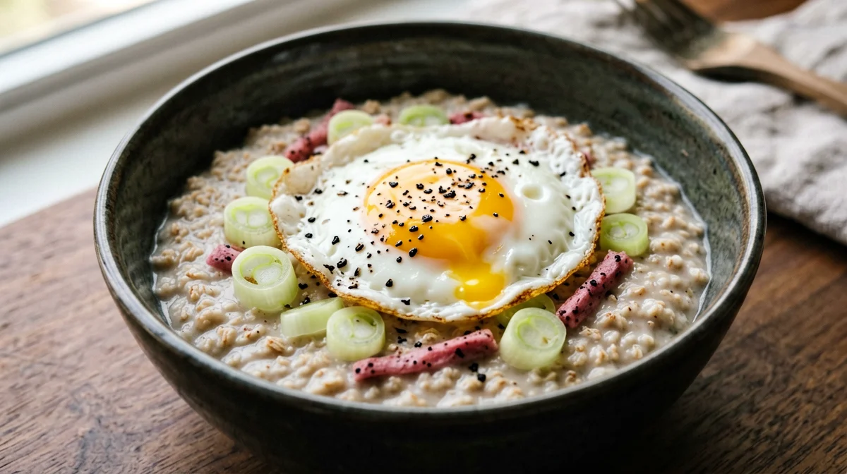 Porridge salato di avena con porri, speck e uovo