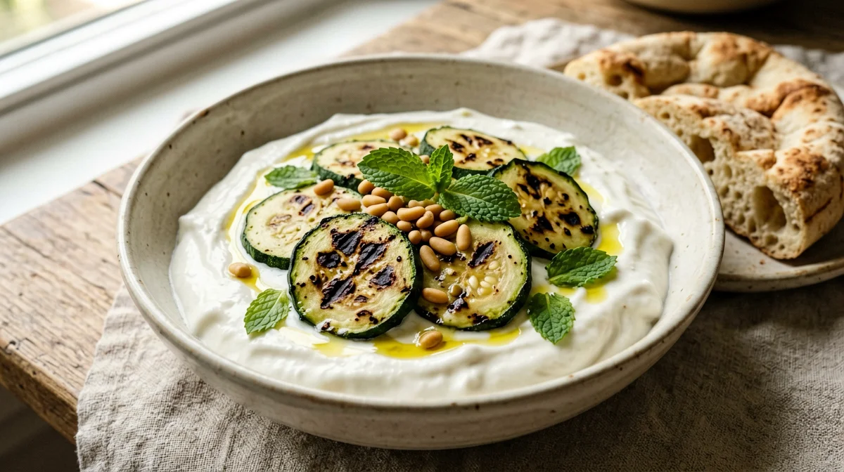 Greek yogurt bowl with grilled zucchini and pine nuts