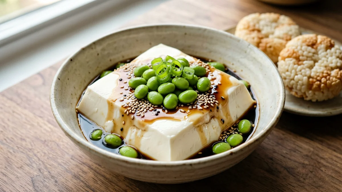 Silken tofu bowl with edamame, spring onion and sesame
