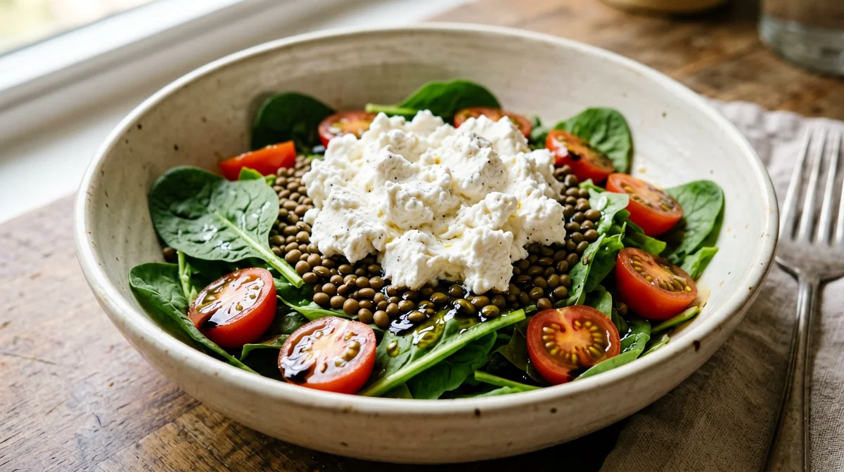 Cottage cheese bowl with lentils, cherry tomatoes and rocket