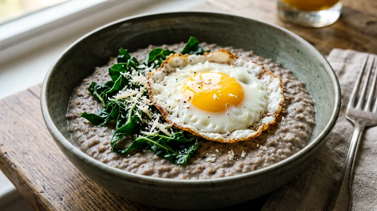 Savoury buckwheat porridge with egg and cavolo nero