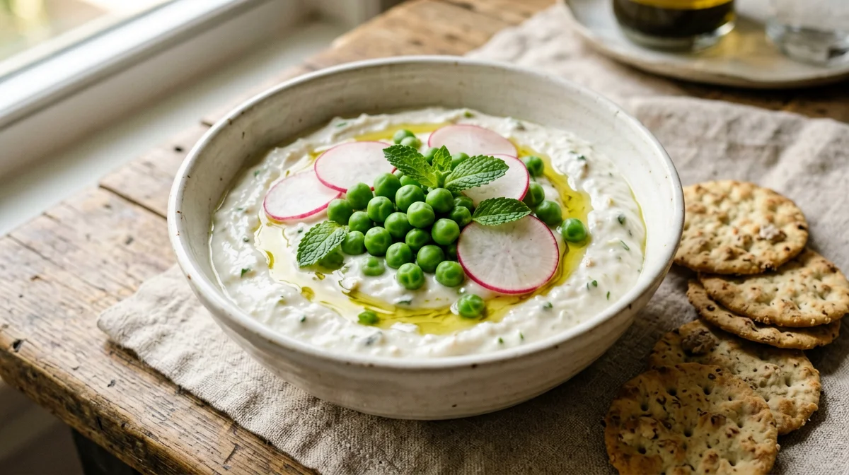 Skyr bowl with radishes, peas and mint