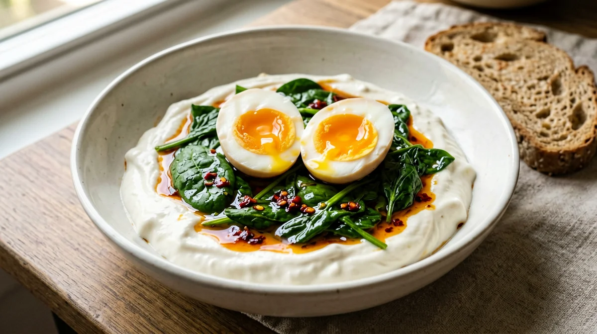 Greek yogurt bowl with soft egg, spinach and chilli oil