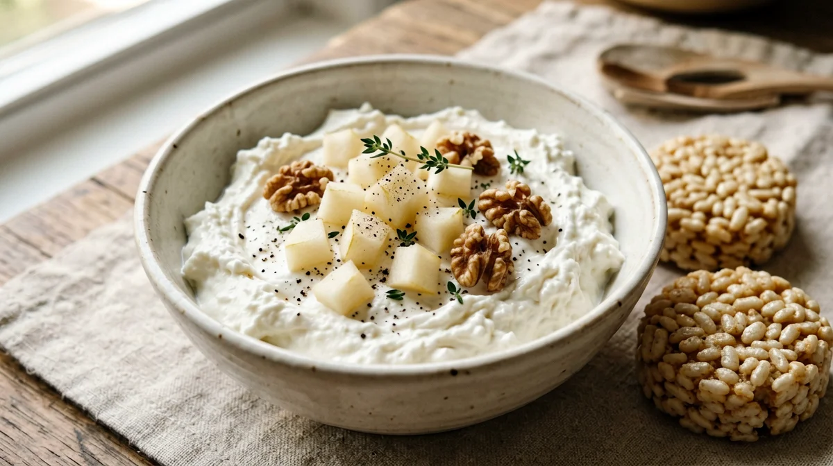Bowl di fiocchi di latte con pera, noci e pepe nero