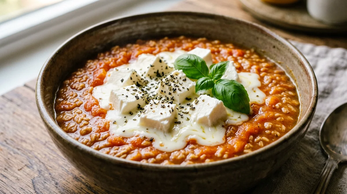 Porridge salato di avena con pomodoro e mozzarella