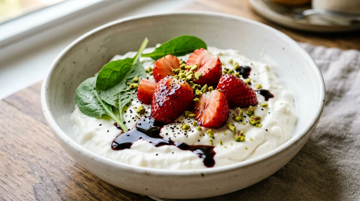 Bowl di skyr con fragole, rucola e aceto balsamico