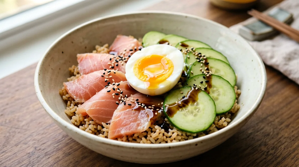 Bowl di riso integrale con uovo, avocado e salmone