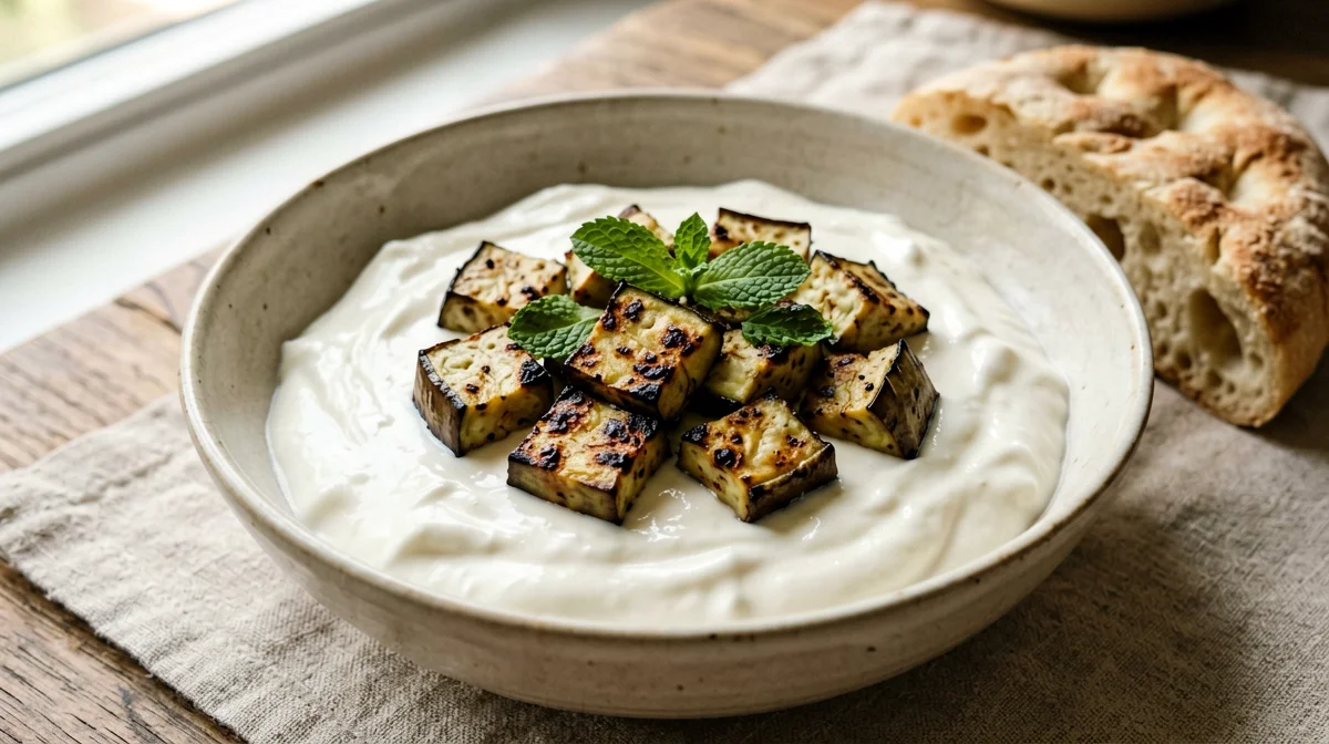 Bowl di yogurt greco con melanzane arrostite e menta