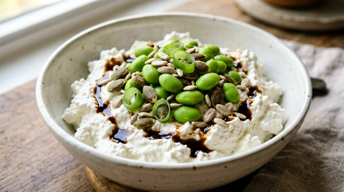 Cottage cheese, edamame and seed bowl