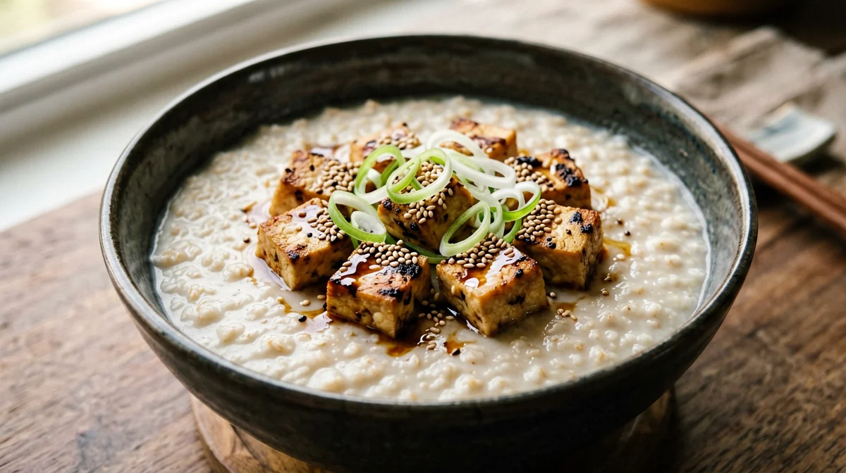 Porridge salato di avena con tofu e cipollotto