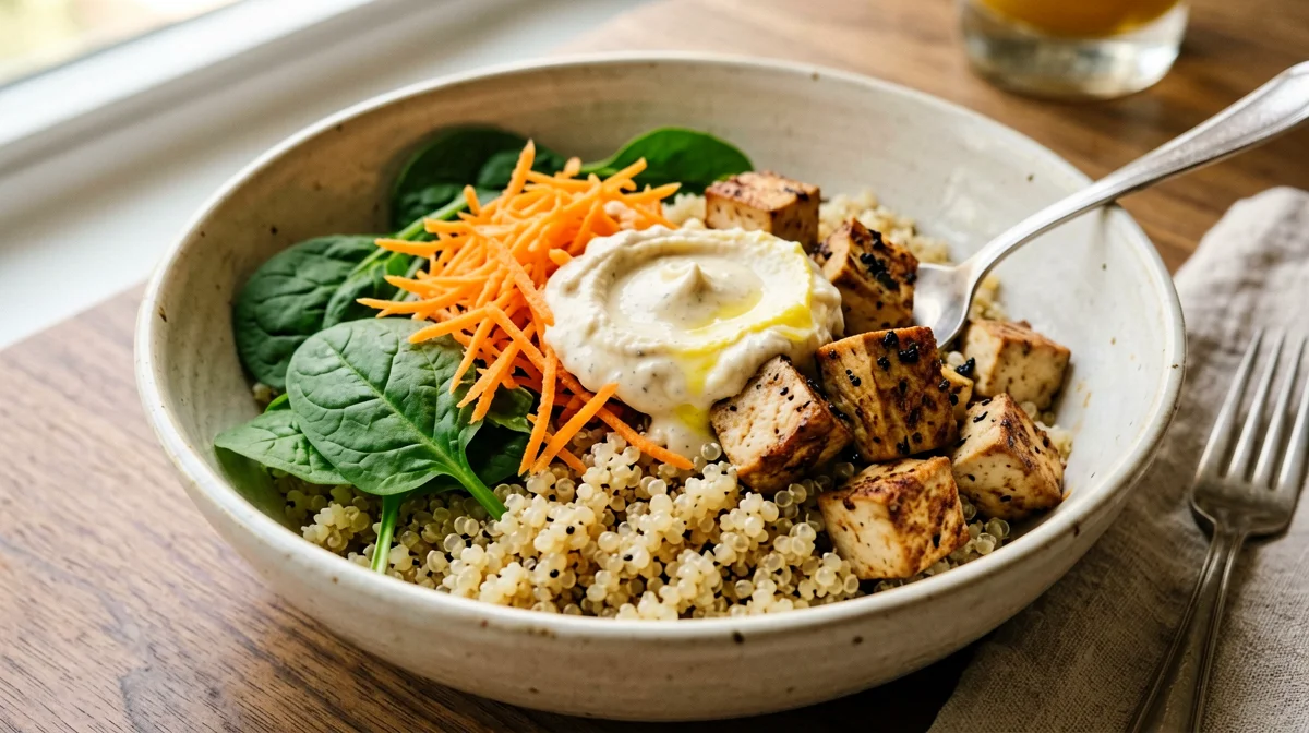 Quinoa bowl with smoked tofu, carrots and hummus