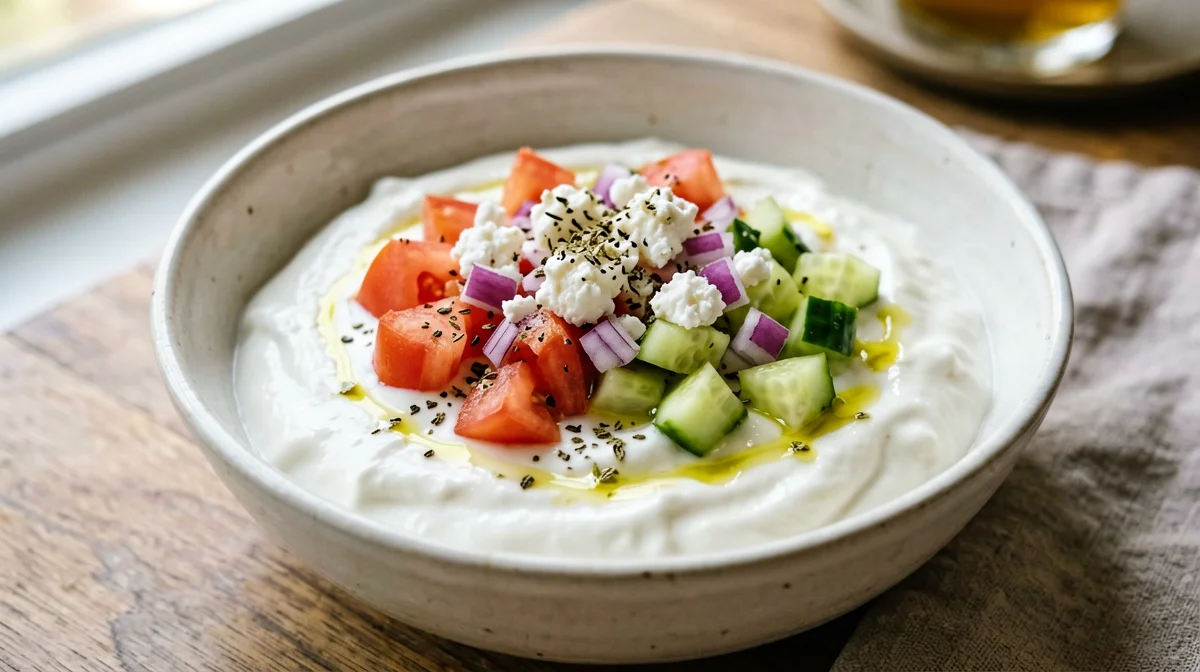 Bowl di yogurt greco con pomodori, cetrioli e feta