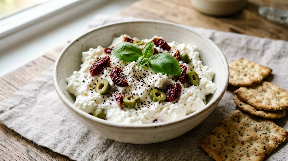 Bowl di fiocchi di latte con pomodori secchi, olive e basilico
