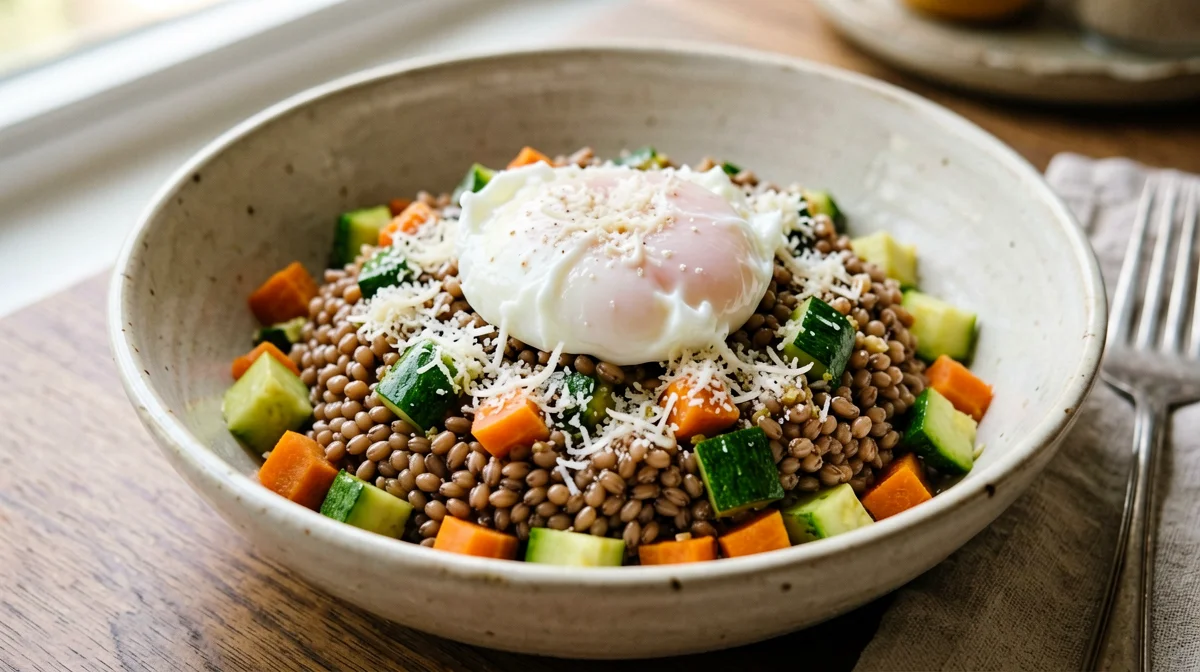 Bowl di farro con uovo in camicia e verdure saltate