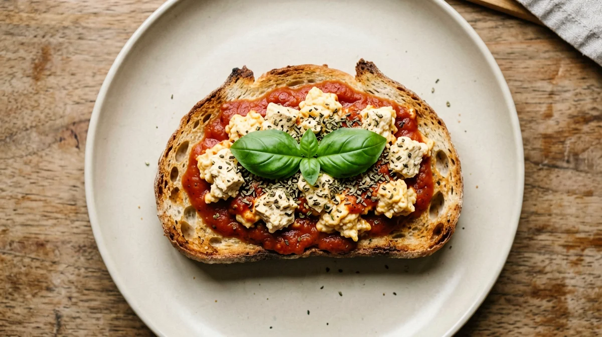 Tofu strapazzato con pomodoro e basilico su pane tostato