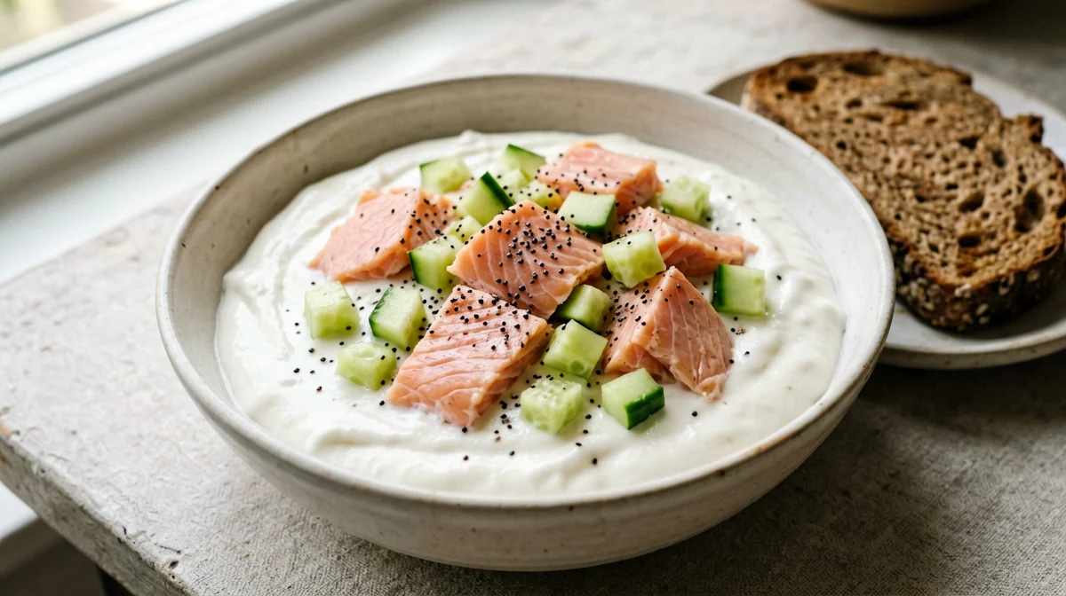 Bowl di skyr con salmone, cetriolo e semi di papavero