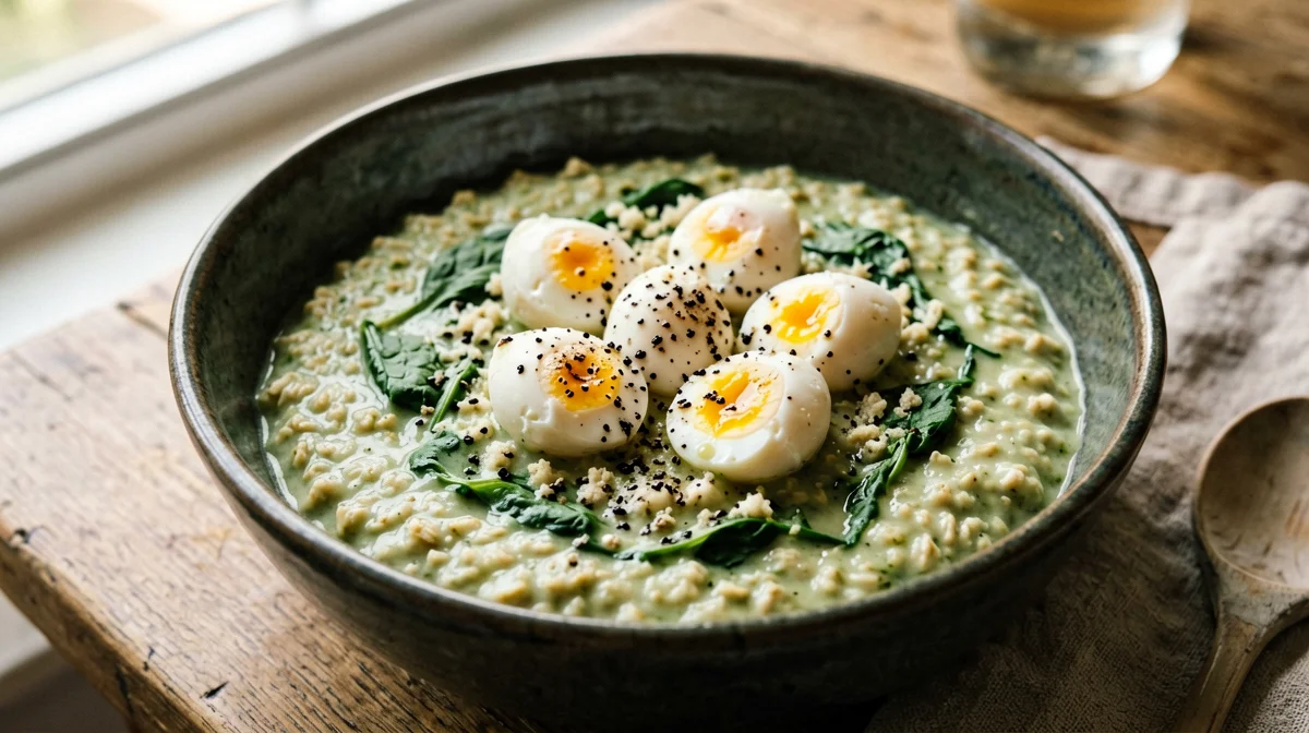 Savoury oats with spinach and quail eggs