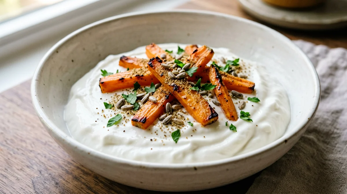 Bowl di yogurt greco con carote arrosto, cumino e semi di girasole