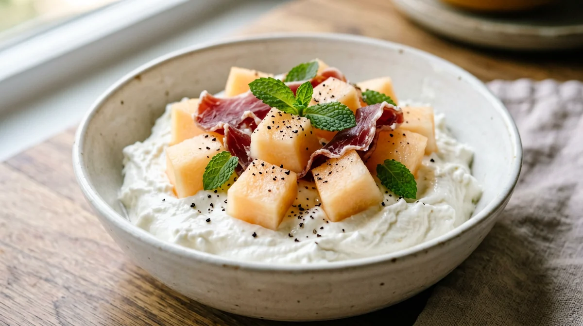 Bowl di fiocchi di latte con melone e bresaola