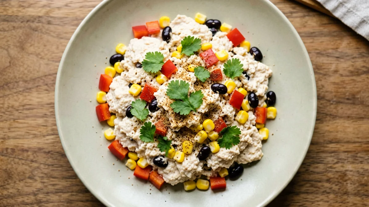 Tofu strapazzato con peperoni, mais e fagioli neri