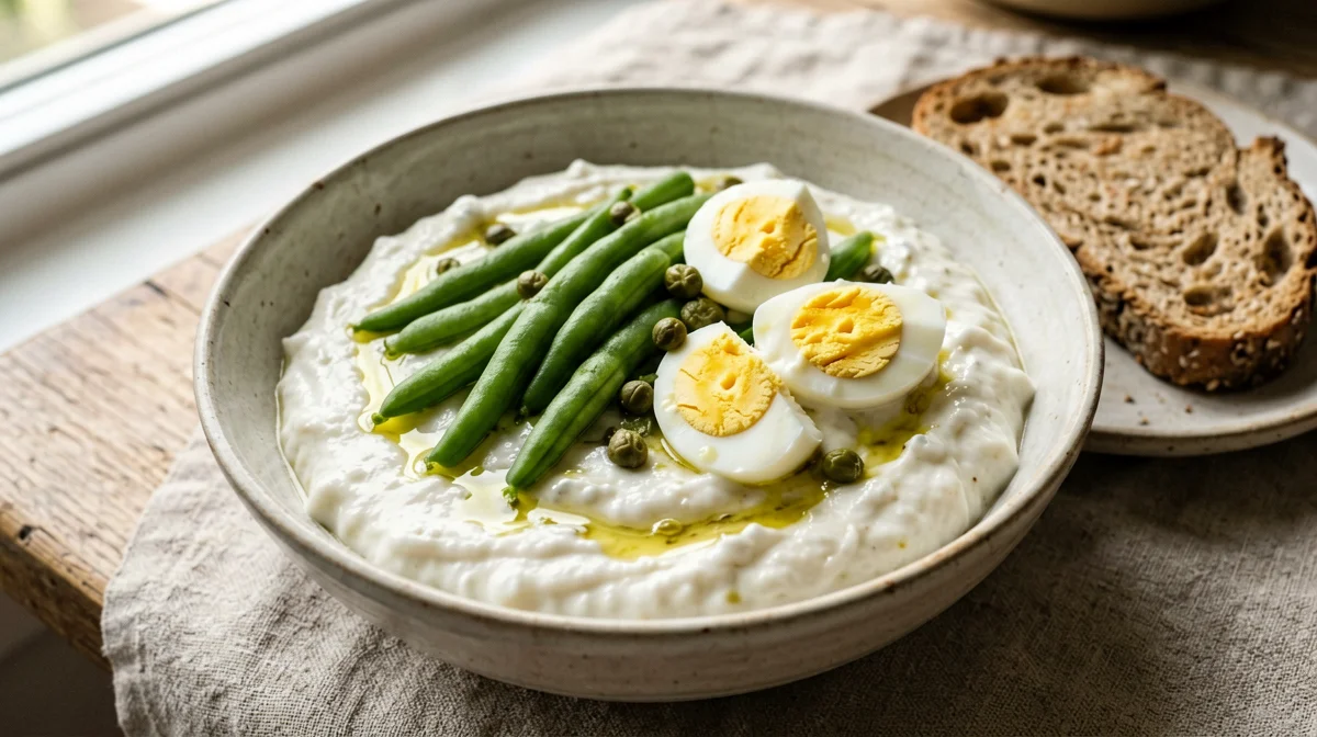 Bowl di skyr con fagiolini, uovo sodo e capperi