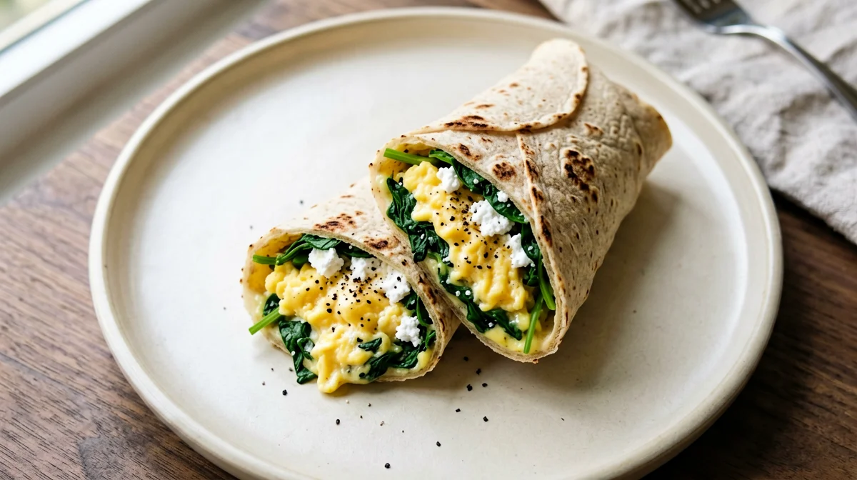 Wrap integrale con uova strapazzate, spinaci e feta