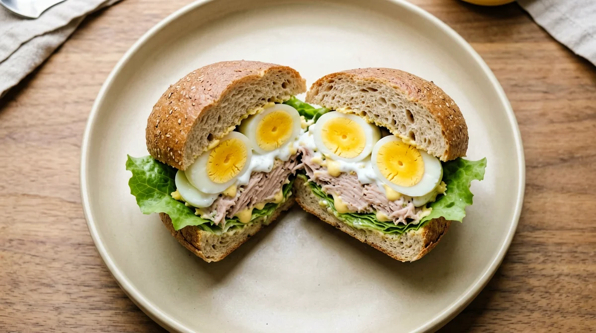 Panino integrale con uovo sodo, tonno e lattuga