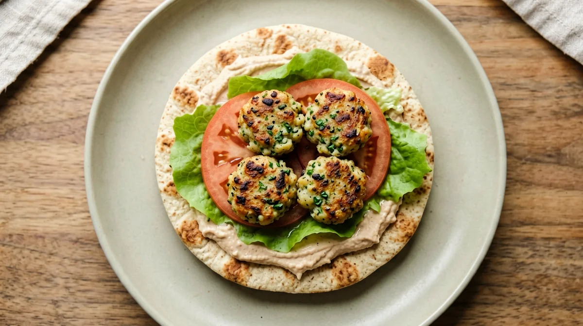 Pita integrale con hummus, falafel di ceci al forno e verdure