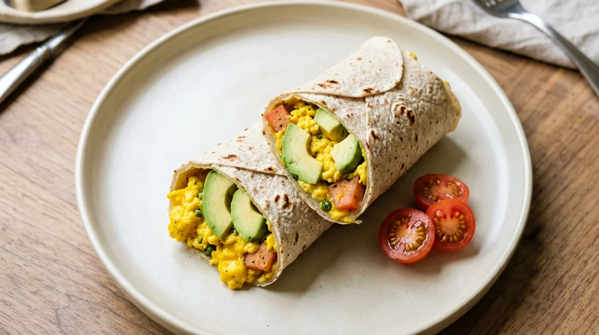 Wrap with tofu scramble, avocado and cherry tomatoes