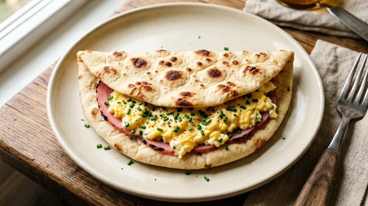 Piadina con uova strapazzate e speck